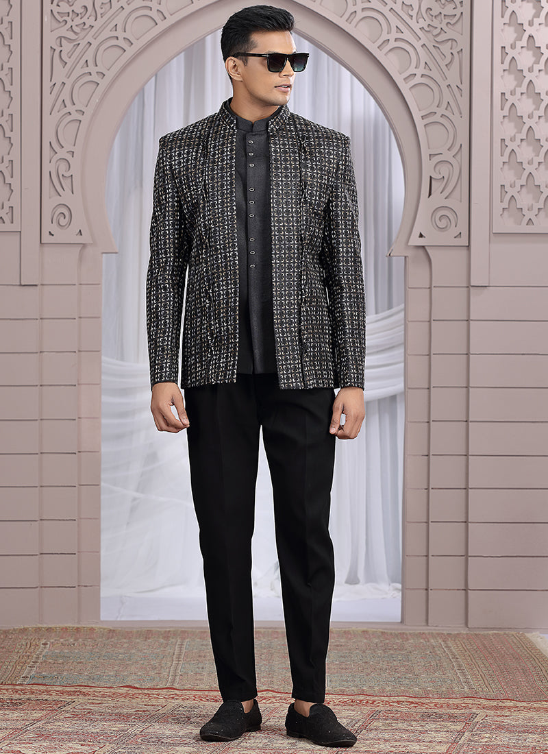 Art Silk Black Wedding Wear Pattern Pc Work Readymade Indo Western 385501