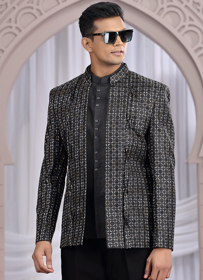 Art Silk Black Wedding Wear Pattern Pc Work Readymade Indo Western 385501