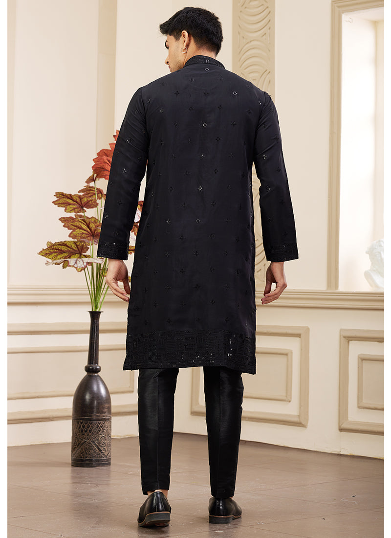 Elegant Black Festive Wear Art Silk Kurta Pajama