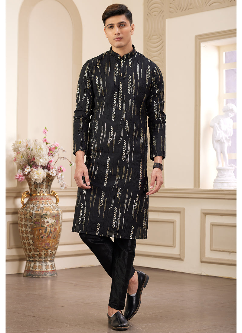 Black Art Silk Readymade Kurta Pajama for Festive Occasions