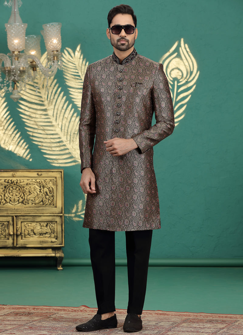 Banarasi Jacquard Black Wedding Wear Neck Work Readymade Groom Sherwani 385999