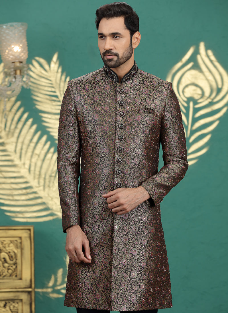 Banarasi Jacquard Black Wedding Wear Neck Work Readymade Groom Sherwani 385999