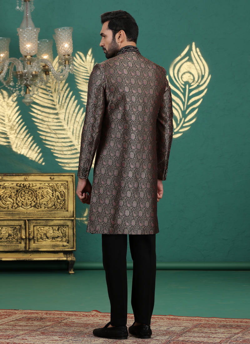 Banarasi Jacquard Black Wedding Wear Neck Work Readymade Groom Sherwani 385999