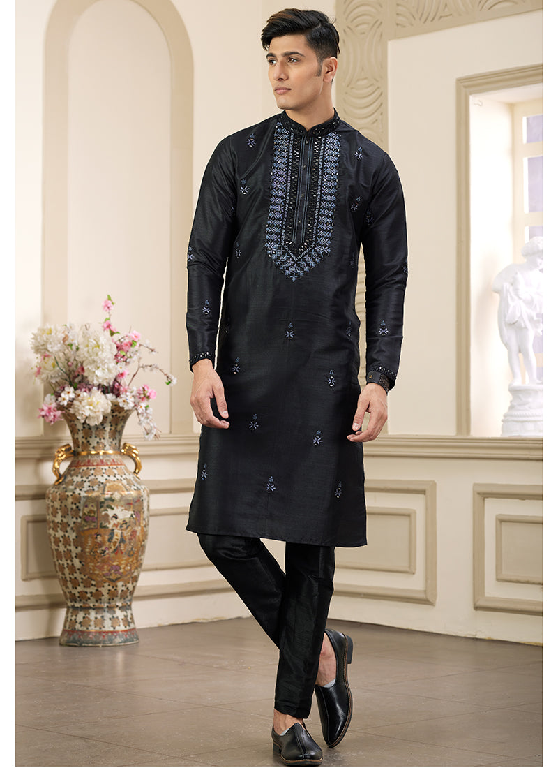Trendy Black Banarasi Silk Kurta Pajama with Shimmering Sequins