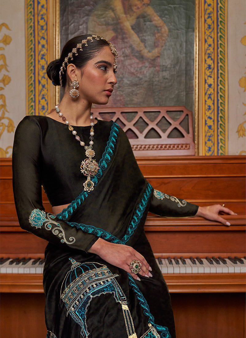 Black Chiffon Embroidery Work Party Wear Saree SW447562