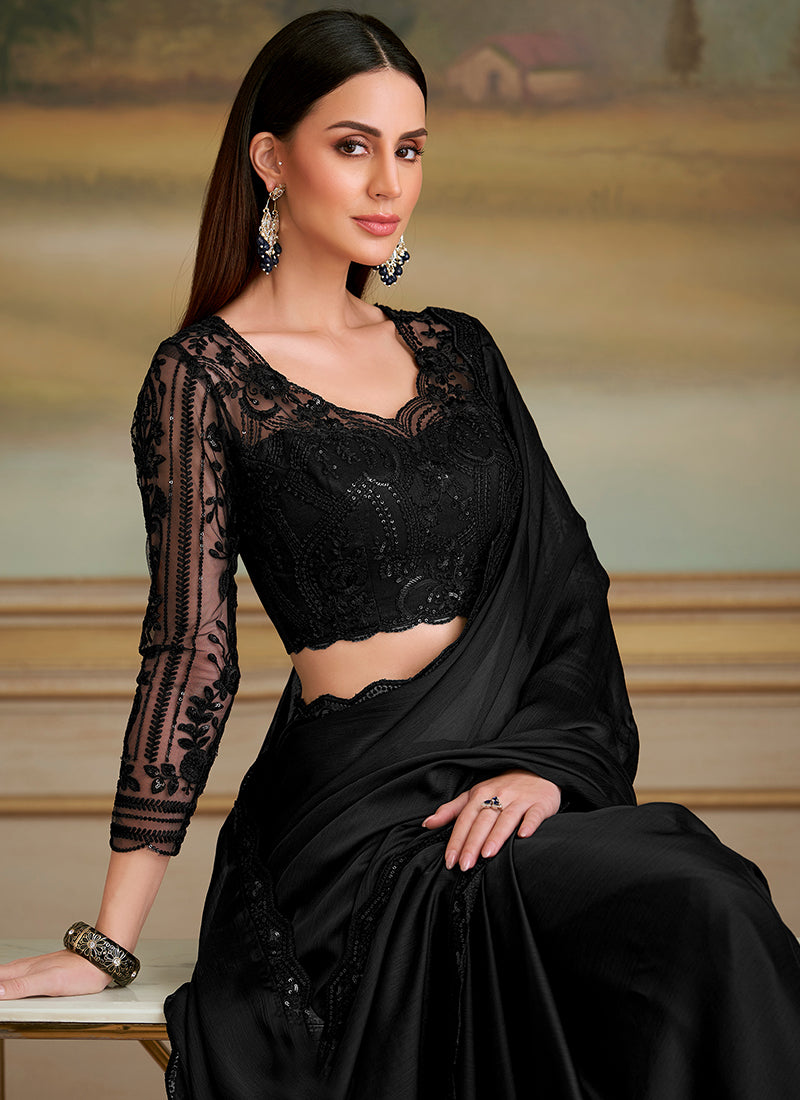 Chiffon Black Party Wear Embroidery Work Saree 386391