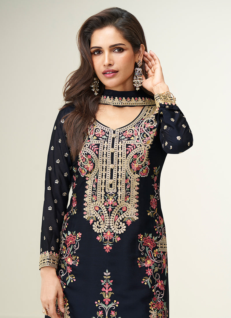 Chinnon Black Festival Wear Embroidery Work Readymade Plazzo Suit 385428