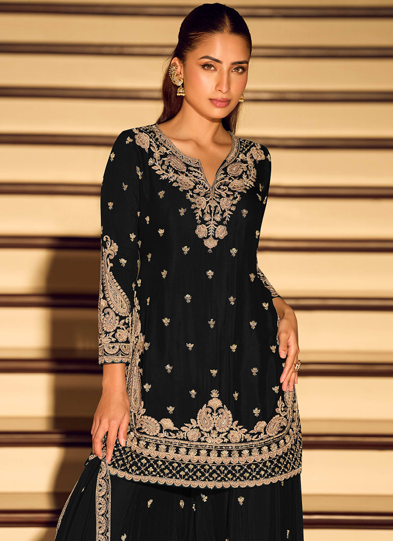 Black Chinon Embroidery Work Occasional Wear Readymade Plazzo Suit SW392283