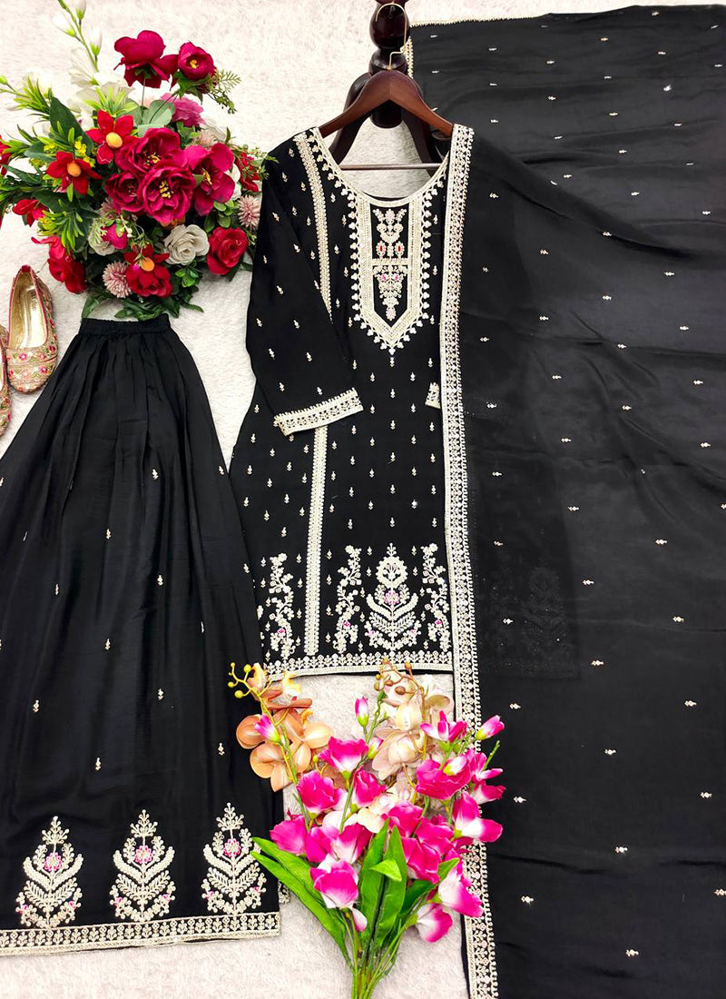 Black Chinon Silk Embroidery Work Festival Wear Readymade Plazzo Suit SW154621
