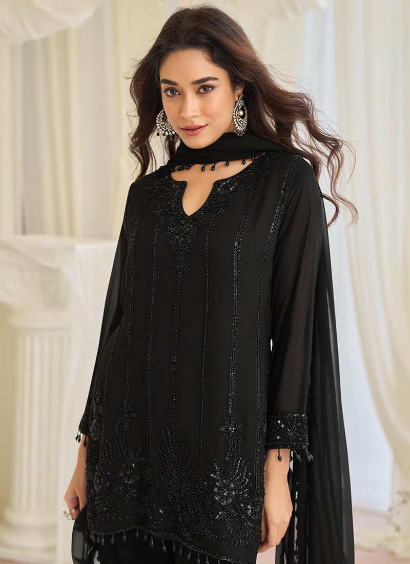 Black Chinon Silk Embroidery Work Festival Wear Readymade Salwar Suit SW900457