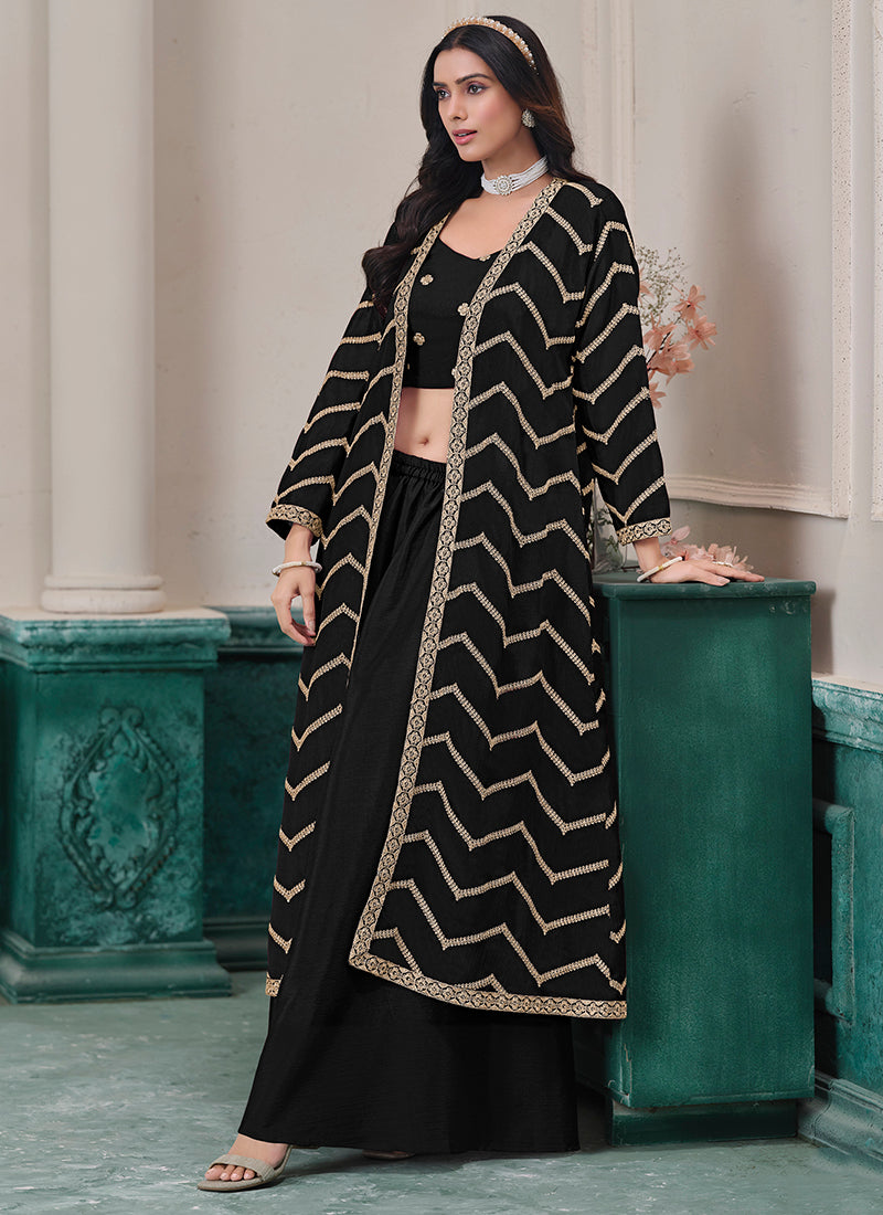 Black Chinon Silk Embroidery Work Party Wear Indowestern Suit SW852230