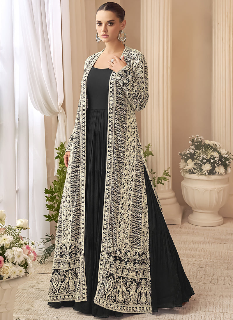 Black Chinon Silk Embroidery Work Party Wear Readymade Designer Suit SW285341