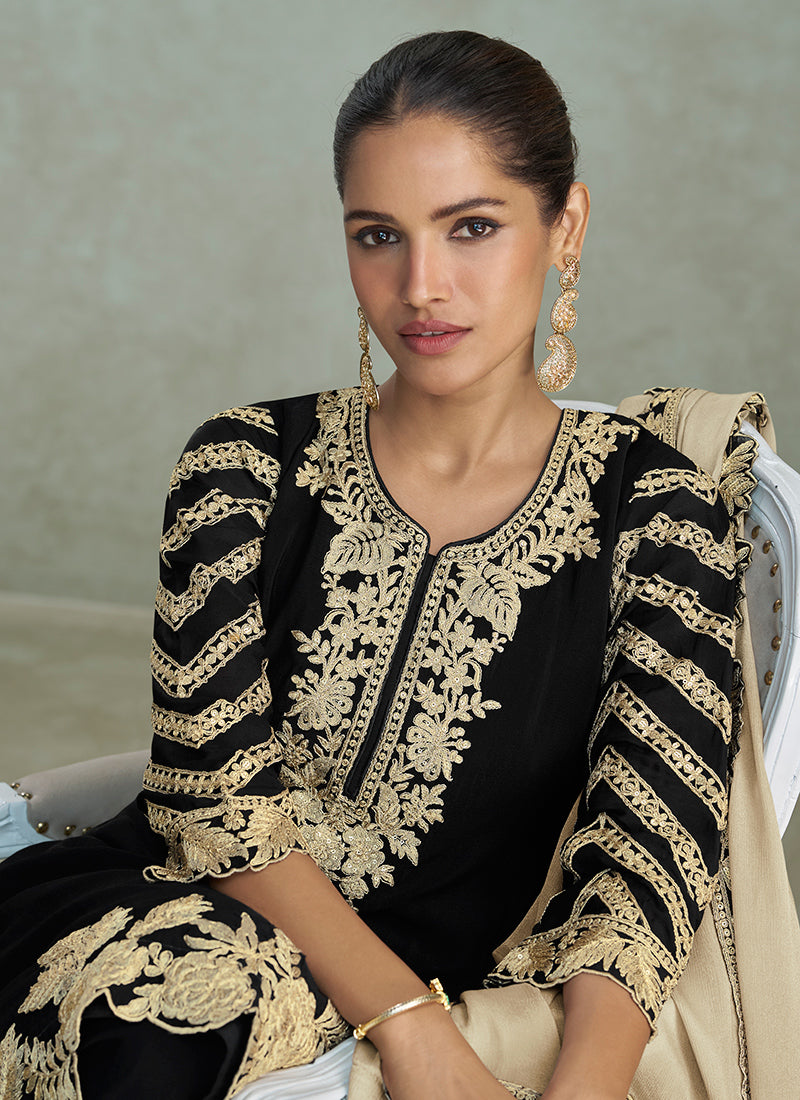 Black Chinon Silk Embroidery Work Party Wear Readymade Plazzo Suit SW564481