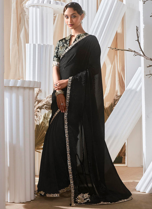 Fancy Black Bridal Wear Saree with Lace Work 381689