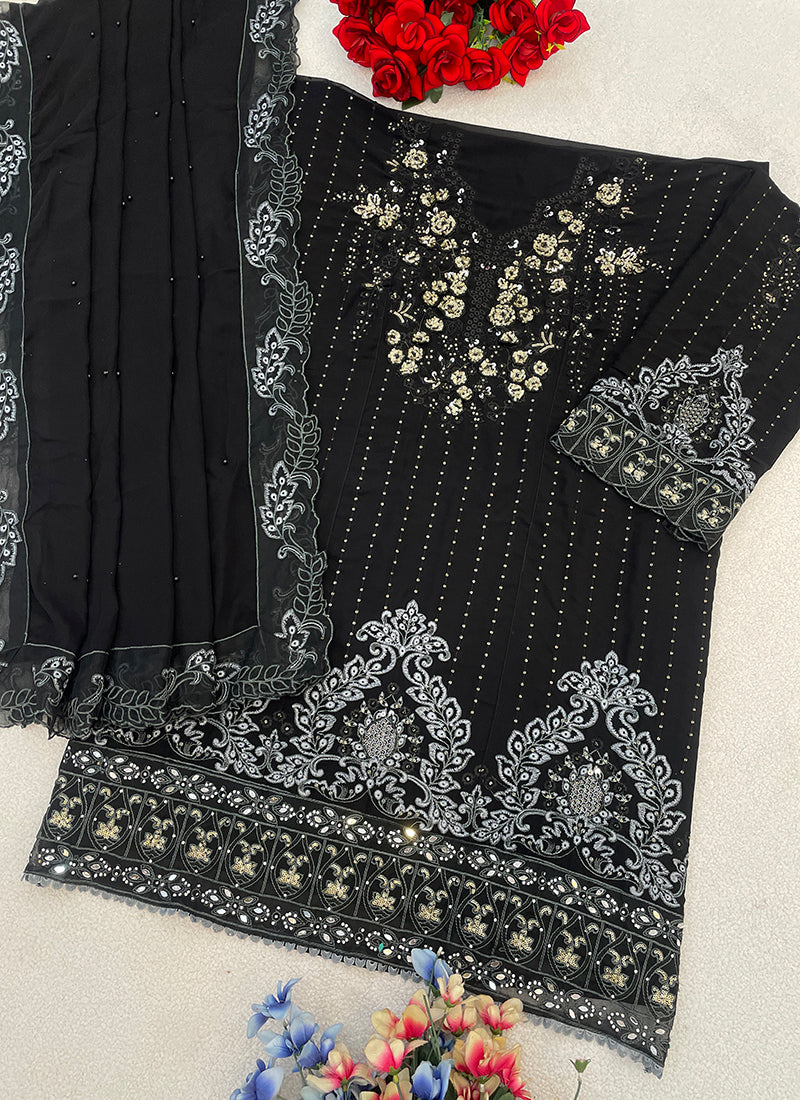 Faux Georgette Black Eid Wear Embroidery Work Pakistani Suit 387812