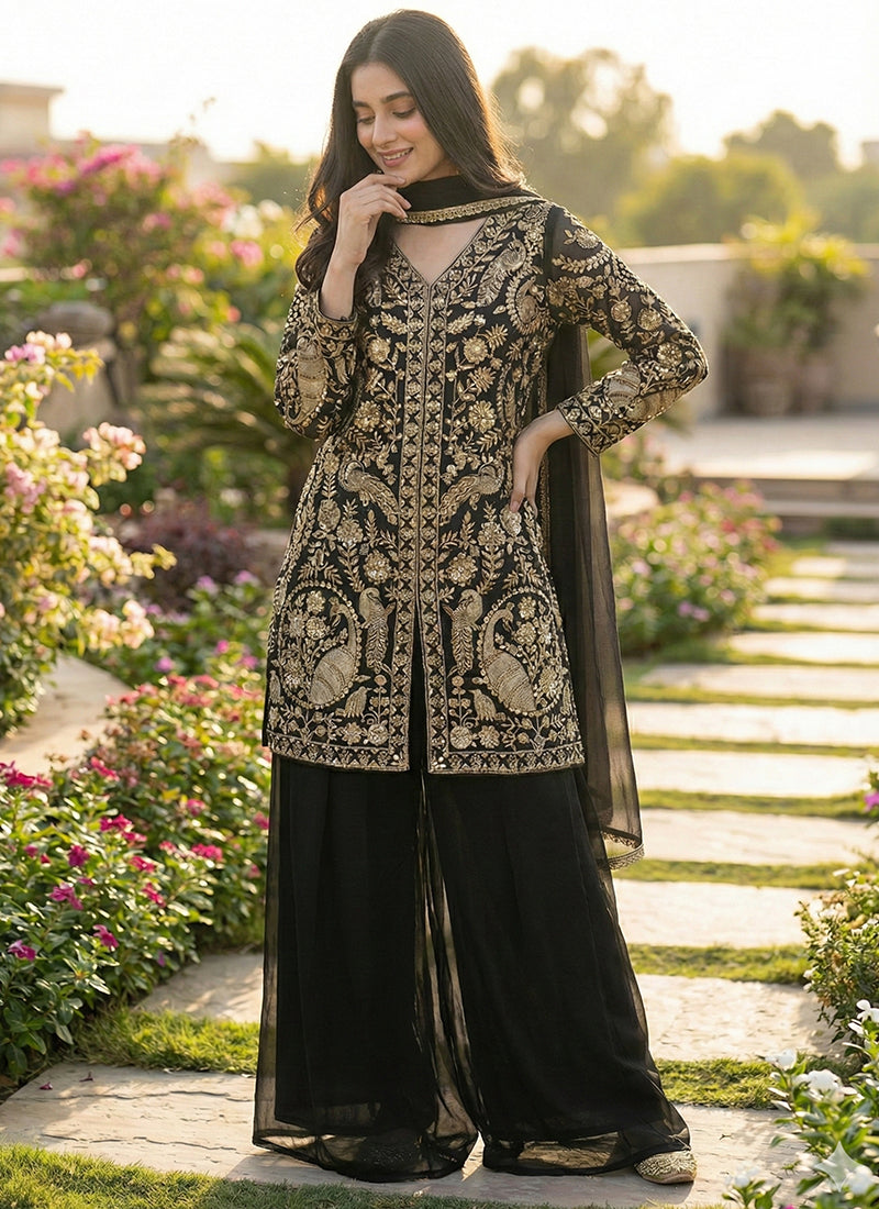 Black Faux Georgette Embroidery Work Party Wear Readymade Plazzo Suit SW367423