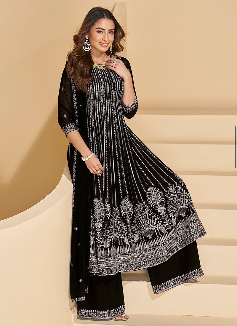 Faux Georgette Black Party Wear Embroidery Work Readymade Plazzo Suit 387790