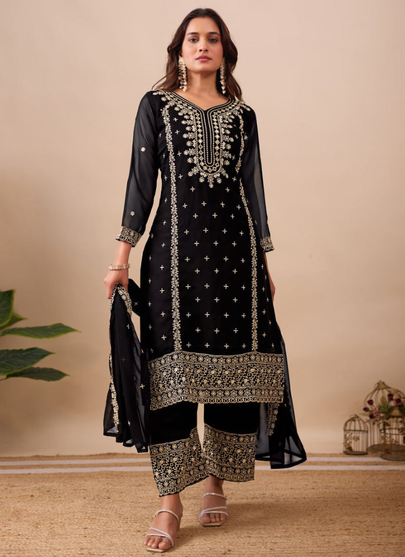 Faux Georgette Black Party Wear Zari Embroidery Work Readymade Salwar Suit 386047