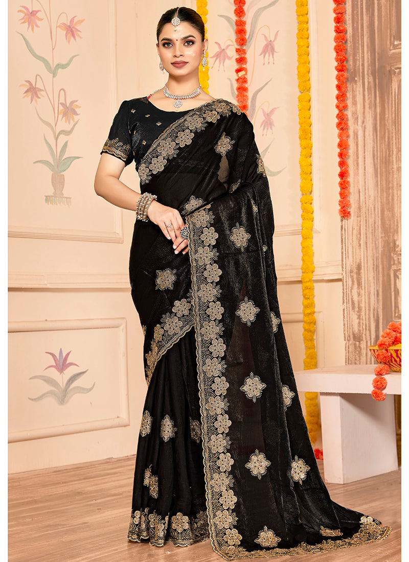 Fendy Silk Black Saree with Zari Work for Festival Wear 384441