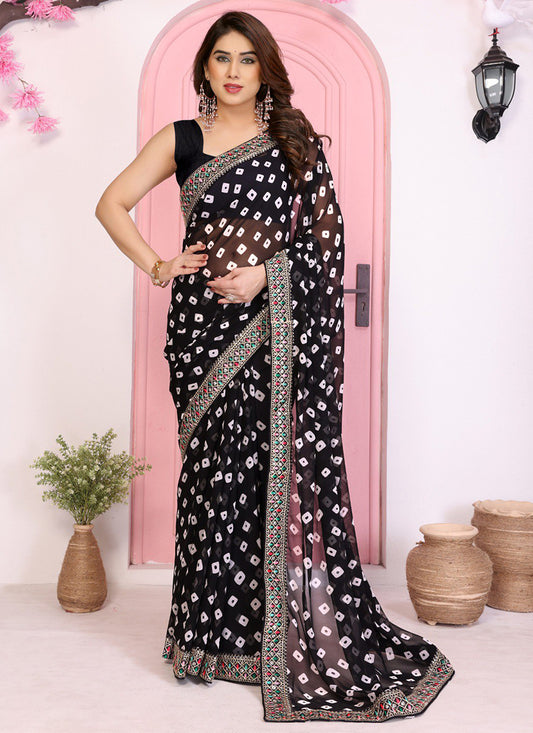 Georgette Black Saree with Bandhej Work for Festival Wear 381118