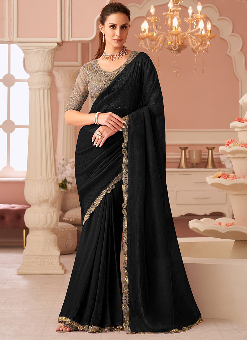 Georgette Black Saree with Border Work for Festival Wear 381871