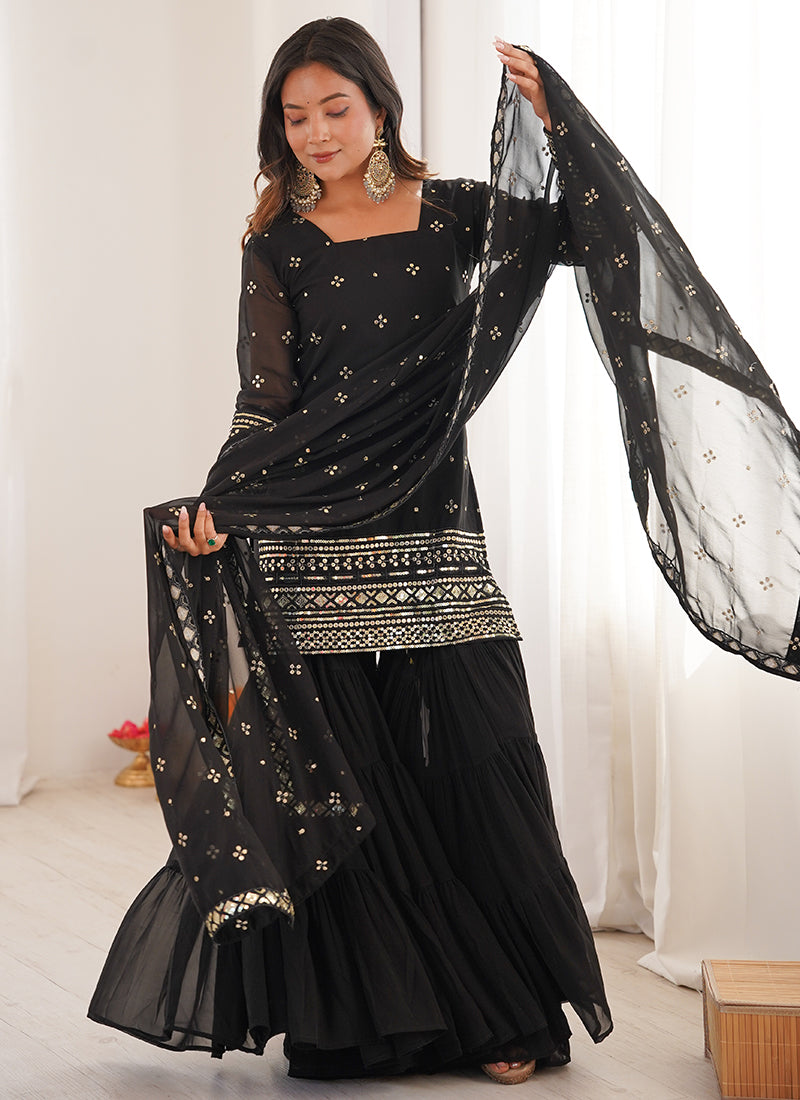 Georgette Black Festival Wear Sequins Work Readymade Sharara Suit 388643
