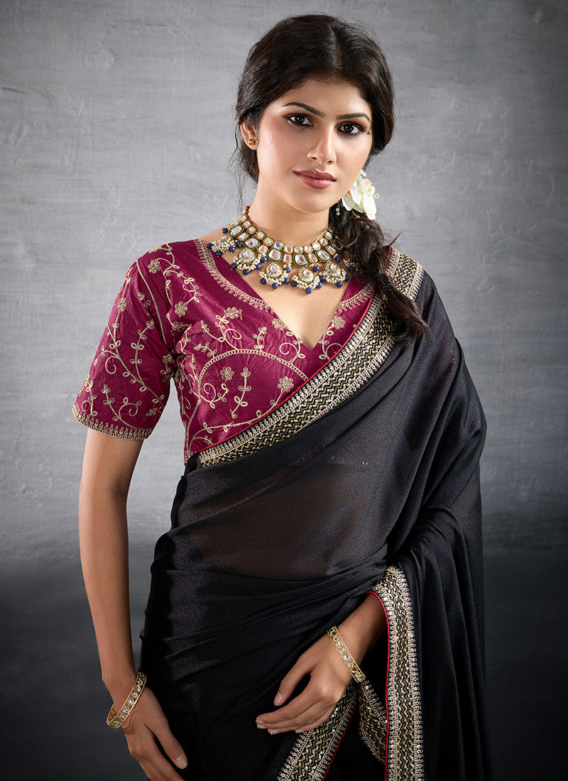 Georgette Black Party Wear Embroidery Work Saree 385559