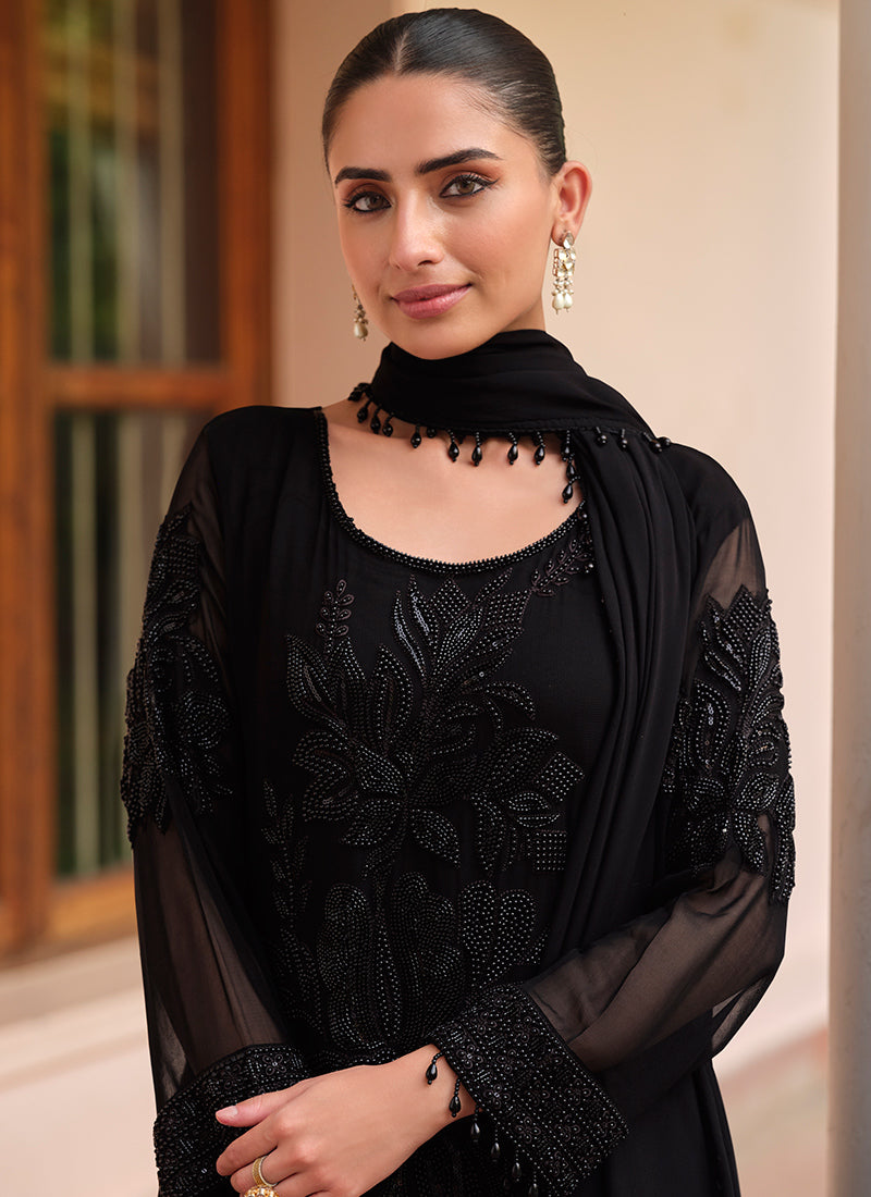 Georgette Black Party Wear Moti Work Readymade Salwar Suit 386169