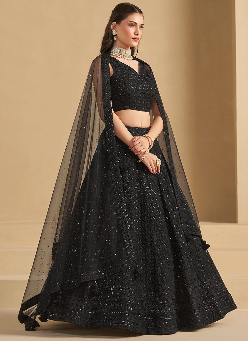 Georgette Black Wedding Wear Thread Embroidery Work Lehenga Choli 385590