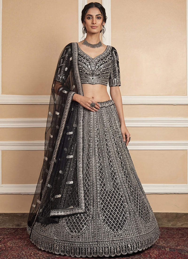 Black Heavy Net Zari & Sequins Embroidery Work Wedding Wear Wedding Lehenga Choli SW347119