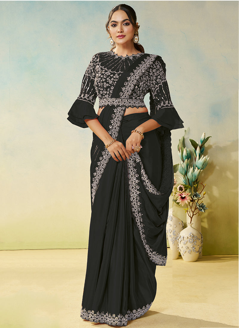 Black Natural Satin Silk Sequin Work Party Wear Ready To Wear Saree SW343497