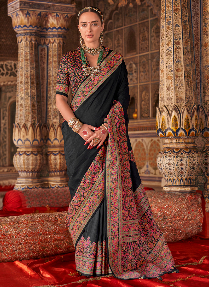 Pv Georgette Black Festival Wear Printed Work Saree 385841