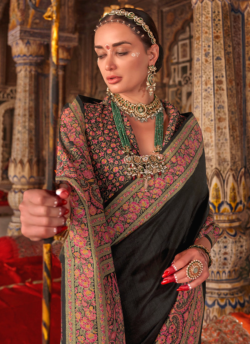 Pv Georgette Black Festival Wear Printed Work Saree 385841