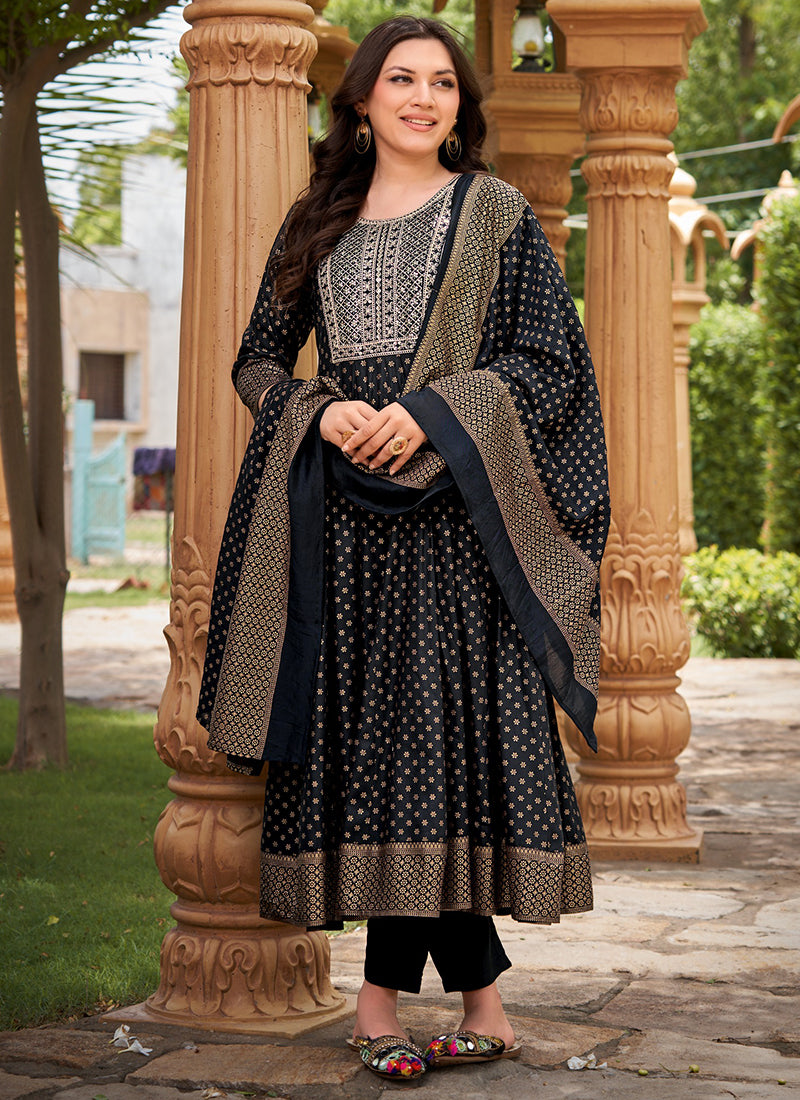 Rayon Black Casual Wear Sequin Work Readymade Anarkali Suit 380559