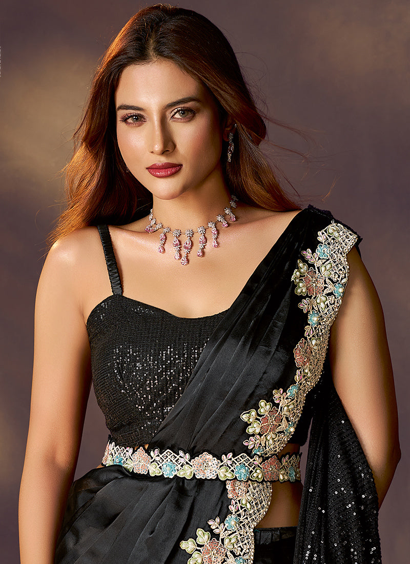 Satin Silk Black Wedding Wear Mirror & Stone Work Ready To Wear Saree 386138