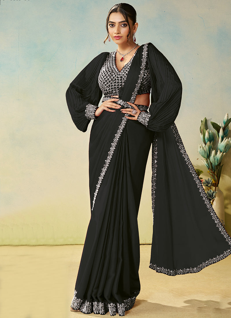 Black Satin Silk Sequin Work Party Wear Ready To Wear Saree SW592595