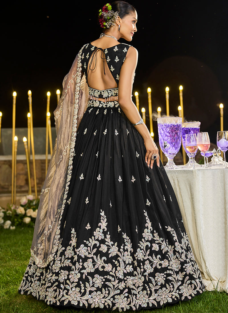 Satin Silk Pure Black Wedding Wear Embroidery Work Readymade Lehenga Choli