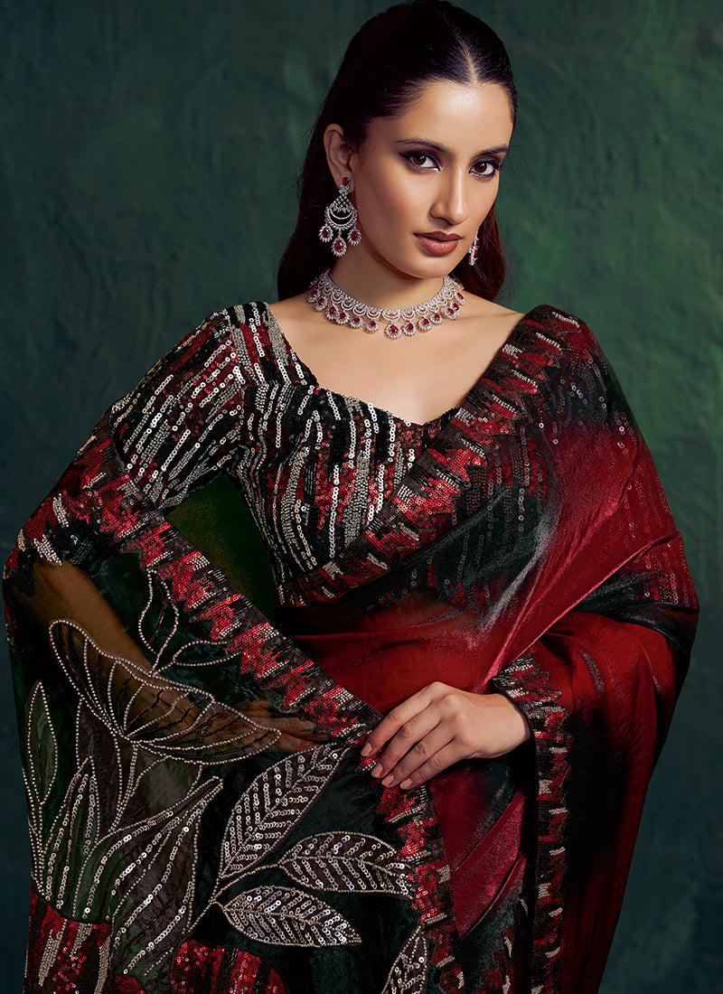 Black Satin Sequins Work Wedding Wear Saree SW875837