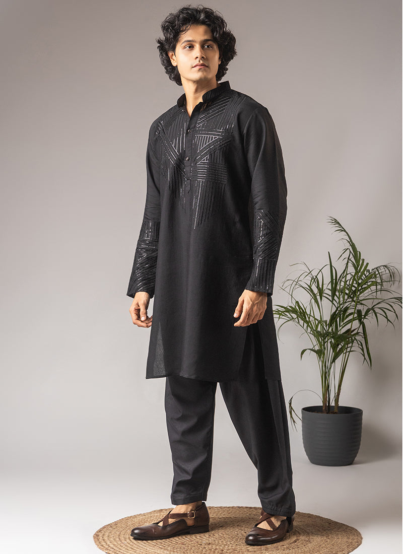 Black Silk Blend Embroidery Work Festival Wear Readymade Kurta Pajama SW483597