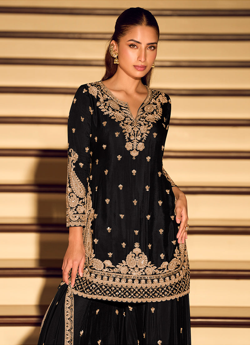 Black Silk Embroidery Work Party Wear Readymade Plazzo Suit SW761244
