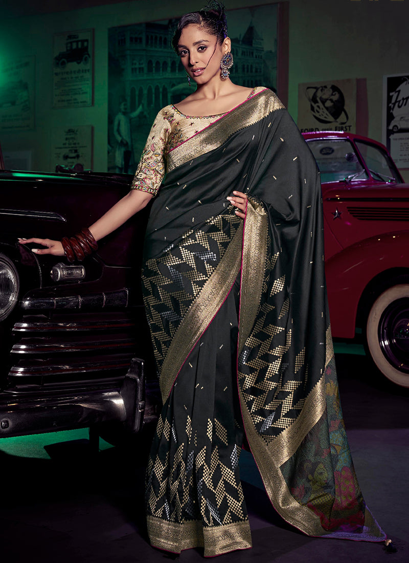 Silk Black Saree with Embroidery Work for Party Wear 383030
