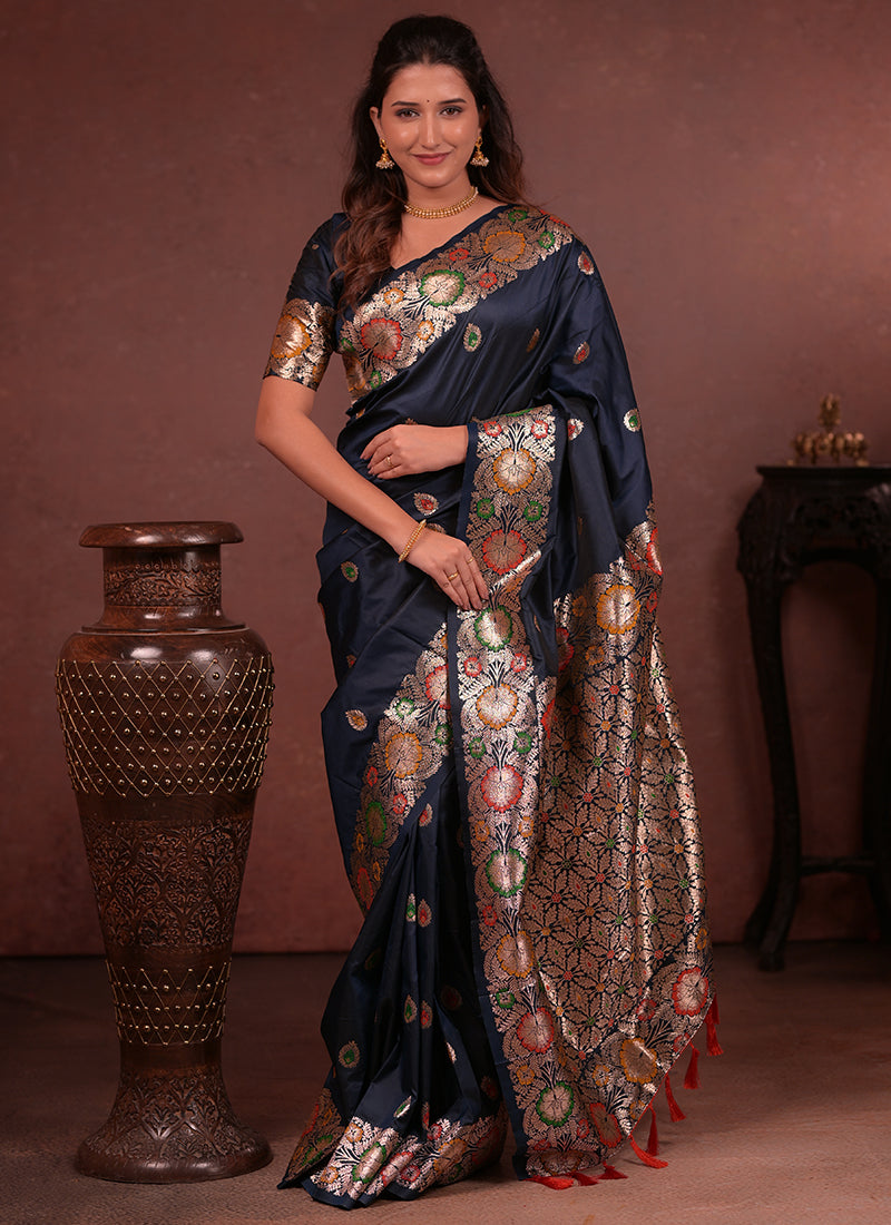 Silk Black Saree with Border Work for Wedding Wear 380898