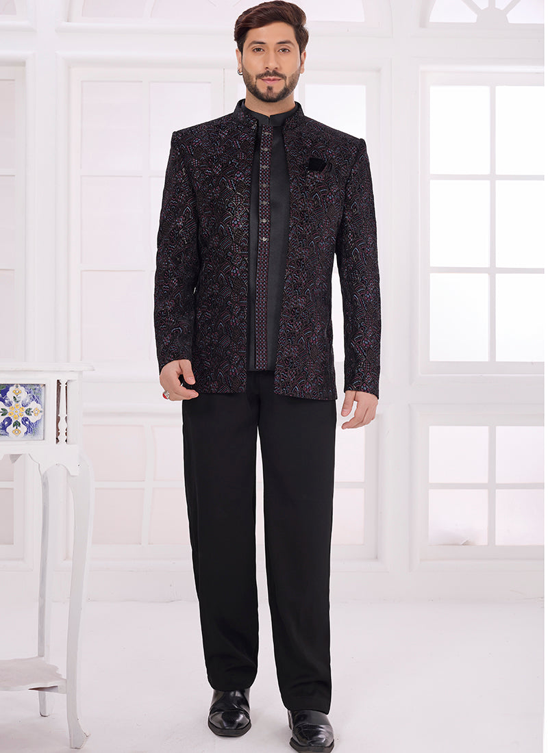 Black Velvet Pattern Pc Work Party Wear Readymade Jodhpuri Suit SW973034