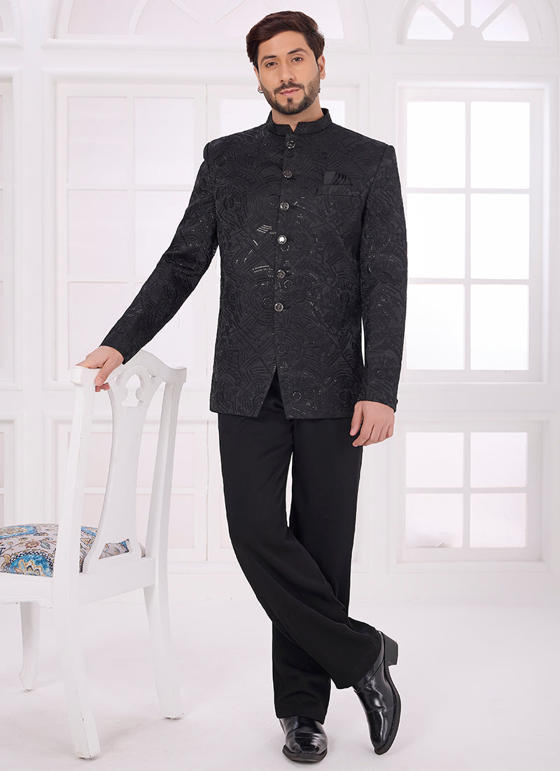 Black Velvet Pattern Pc Work Party Wear Readymade Jodhpuri Suit SW528112