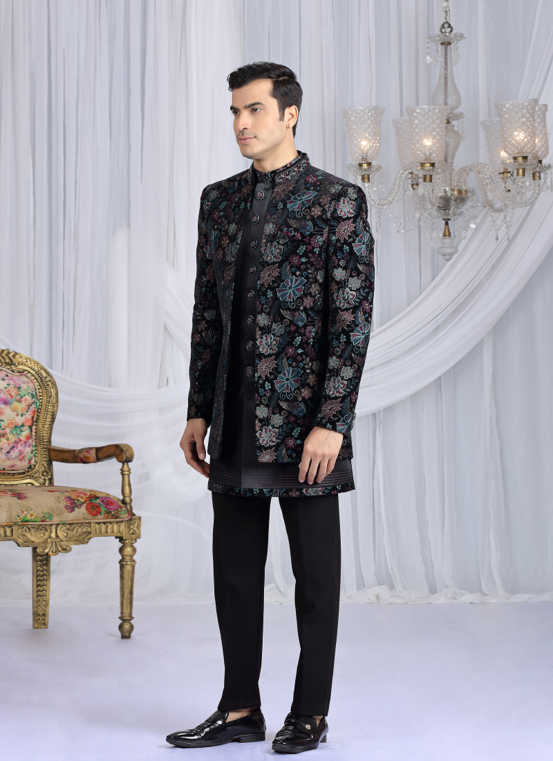 Velvet Silk Black Wedding Wear Computer Thread Work Readymade Indo Western Sherwani 386028