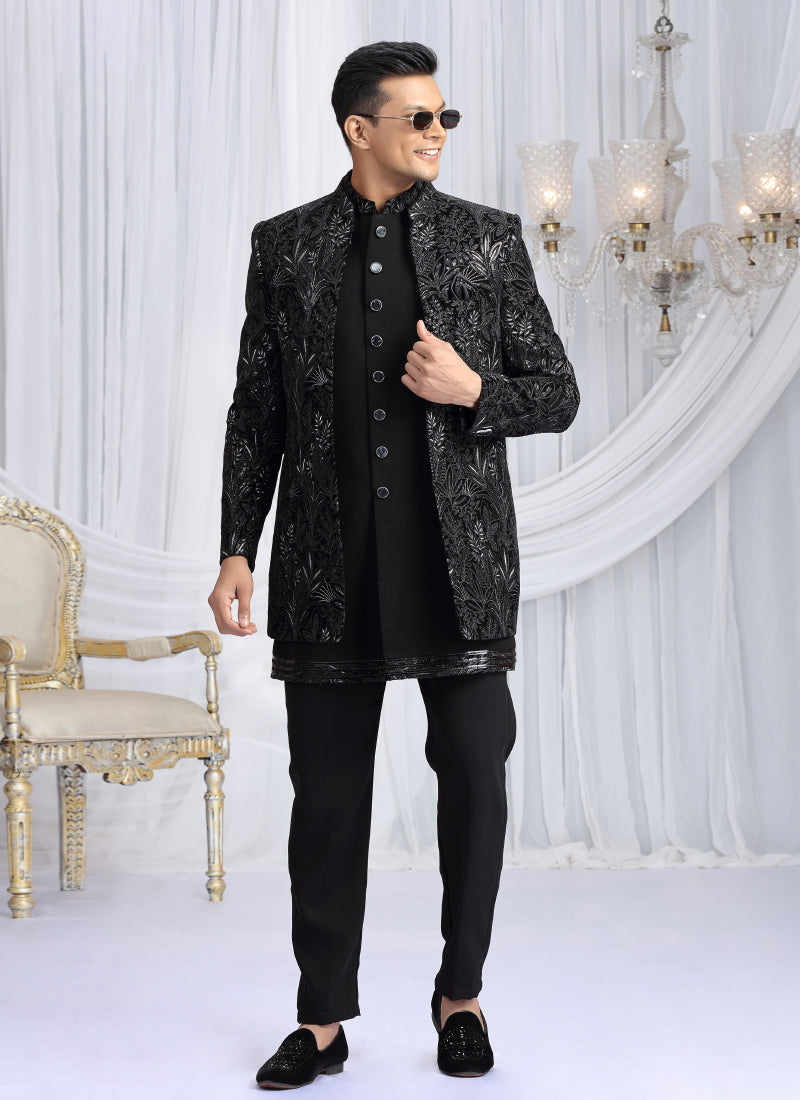 Velvet Silk Black Wedding Wear Computer Thread Work Readymade Indo Western Sherwani 386031
