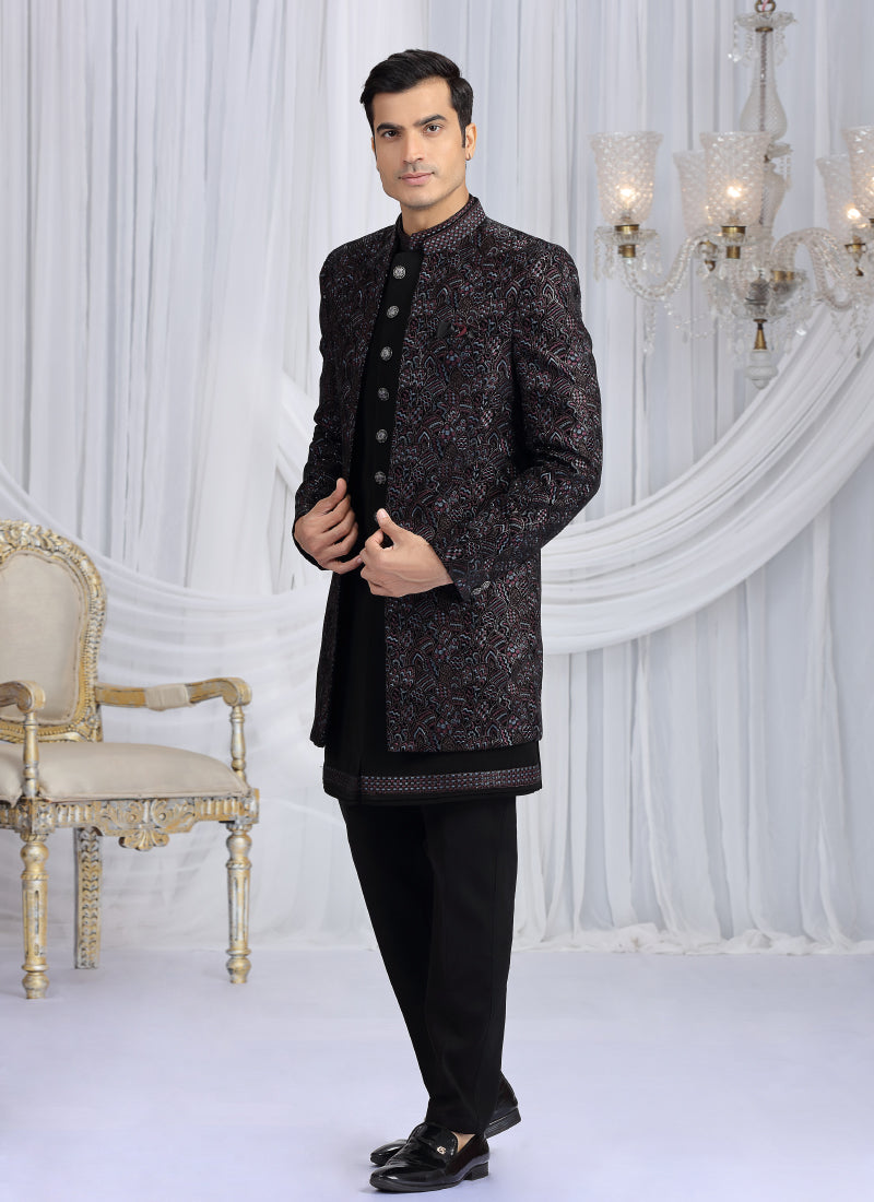 Velvet Silk Black Wedding Wear Computer Thread Work Readymade Indo Western Sherwani 386034