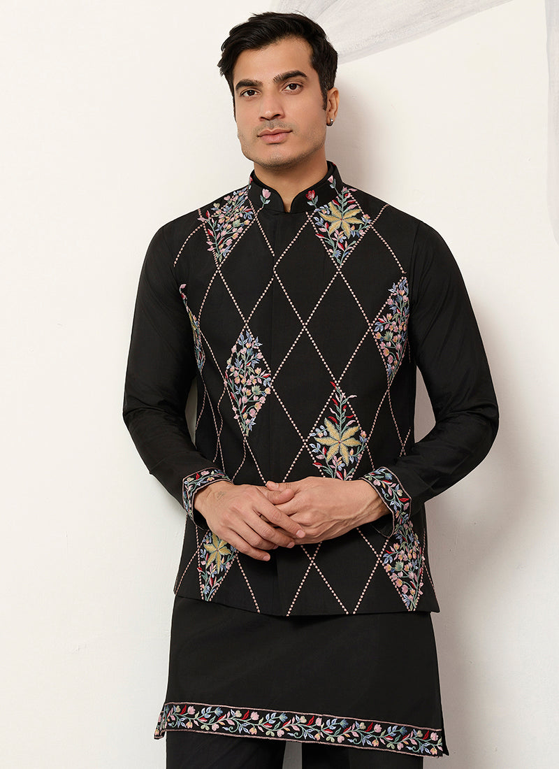 Viscose Art Silk Black Festival Wear Sequins Embroidery Work Readymade Modi Jacket Kurta Pajama 388647