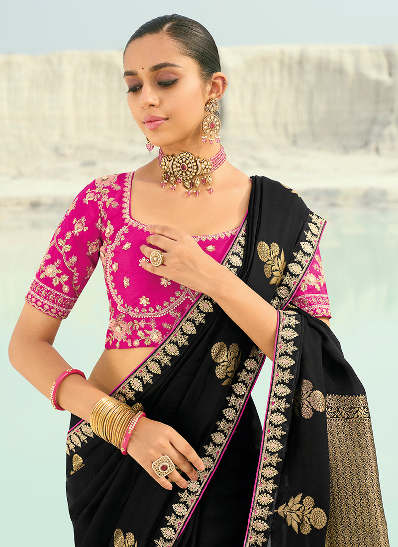 Viscose Satin Black Wedding Wear Heavy Work Wedding Saree 386456