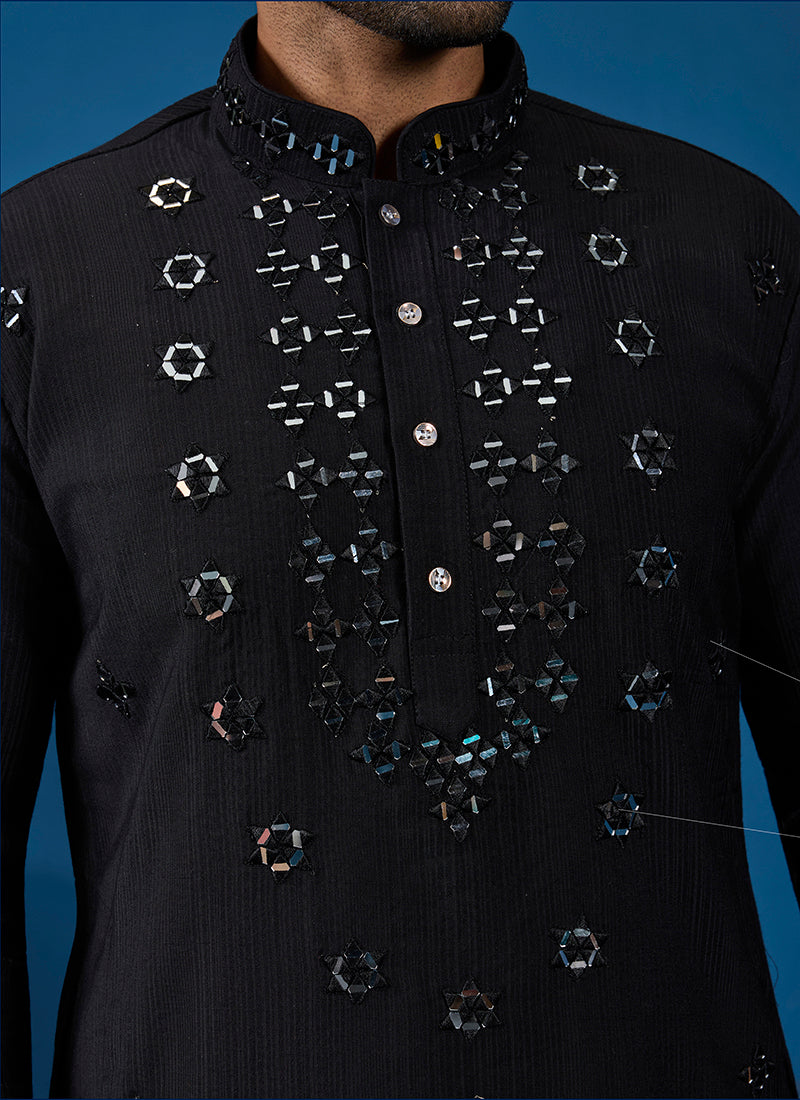 Viscose Silk Black Festive Wear Mirror Work Readymade Kurta Pajama 385853